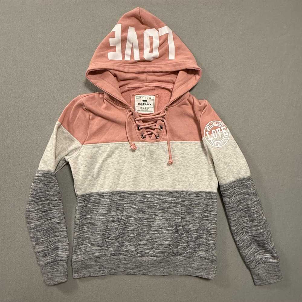 Reflex Lace Up Front Hoodie Sweatshirt Pink Gray LOVE Women Junior Size XL